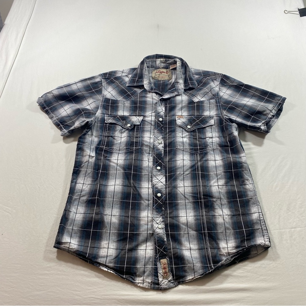 Rafter C Cowboy Shirt Plaid Western Cowboy Rodeo Pearl Snap Black White Men Med.